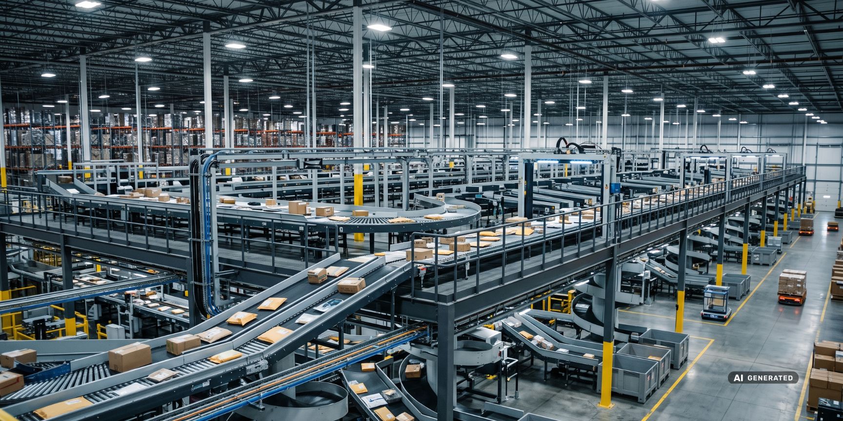 Innenansicht einer Logistikhalle für OOH-Konzepte: Hochautomatisierte Sortieranlagen und Förderbänder auf einer Mezzanine-Ebene verteilen Pakete.